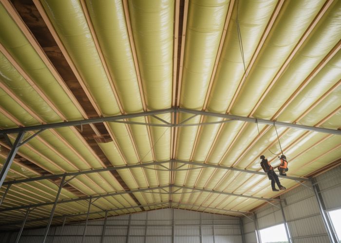 Warehouse insulation installation: Workers installing reflective insulation in a large warehouse.