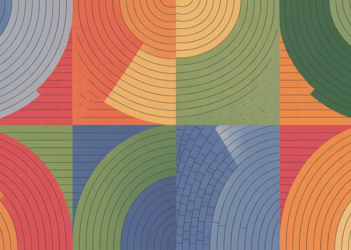 Abstract background featuring interwoven warp and weft threads in shades of blue, green, and orange.