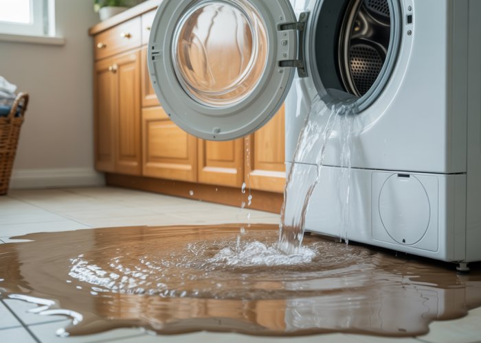 Washing machine drain overflowing, causing flooding in the laundry room.