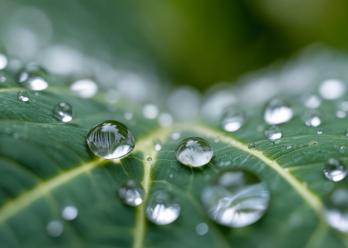 Water droplets on a green leaf showcasing the cohesive force of water.