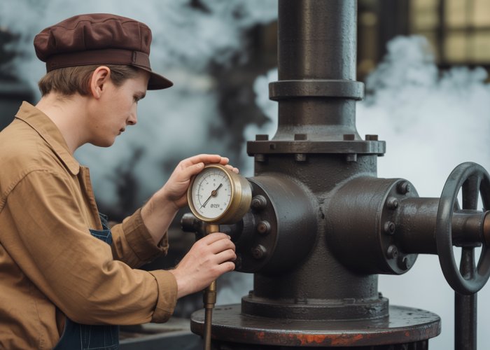 Vintage factory worker monitoring water gas production on an industrial machine.