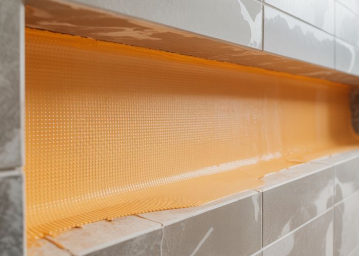 Close-up of waterproof membrane application in a shower niche.