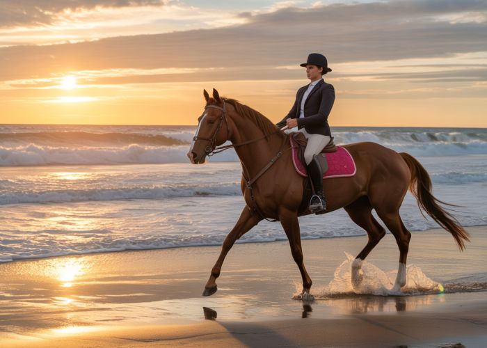 American Saddlebred horse and rider silhouetted against a vibrant sunset on a beach, wave imaging effect highlights ocean movement.