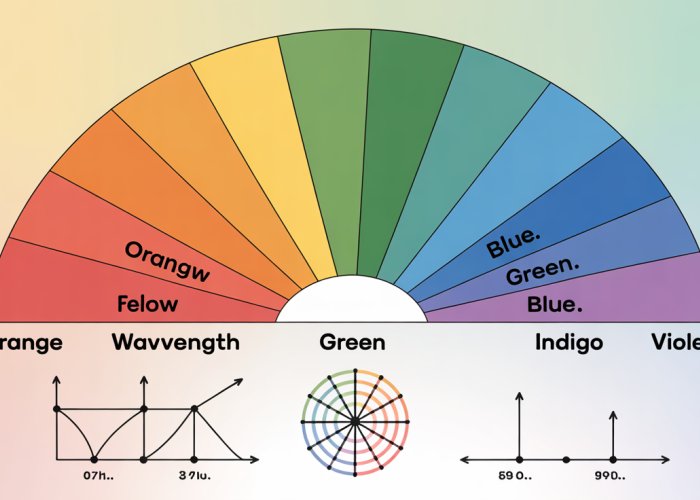 Rainbow spectrum illustrating the relationship between color and wavelength of light, ranging from red (longer wavelengths) to violet (shorter wavelengths).