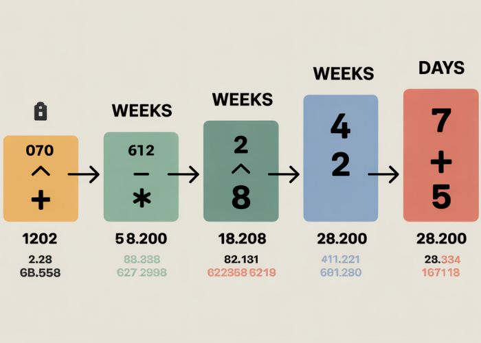 Chart showing the conversion of weeks to days, for example 1 week equals 7 days, 2 weeks equals 14 days, and so on.