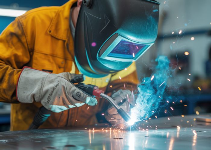 Welder expertly joins cast aluminum using specialized welding techniques. Protective gear ensures safety.