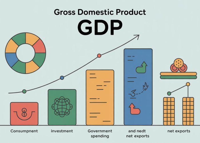 Infographic explaining the components of Gross Domestic Product (GDP): Consumption, Investment, Government Spending, and Net Exports, which collectively measure a nation's economic output.