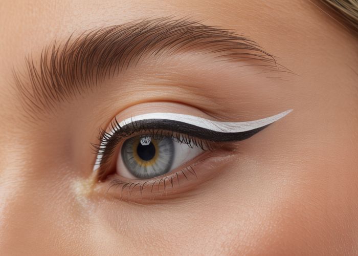 Close-up of eye with white eyeliner wing, demonstrating the brightening effect.
