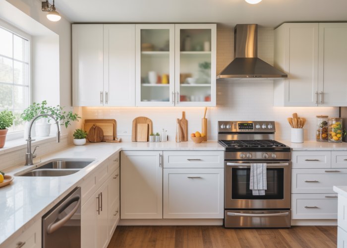 Modern kitchen with white laminate cabinets, stainless steel appliances, and large window.