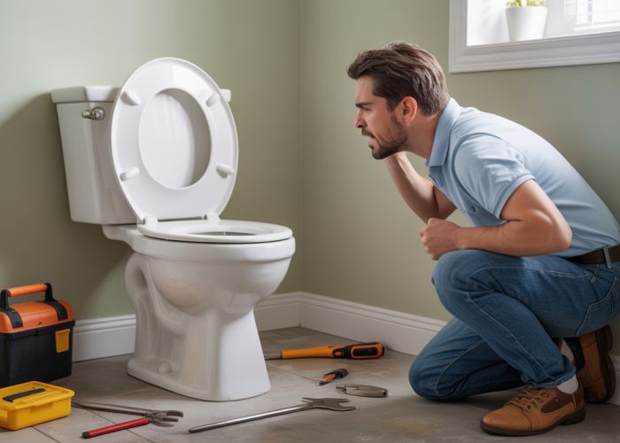 Frustrated homeowner struggling with a rocking, wobbly toilet in their bathroom.