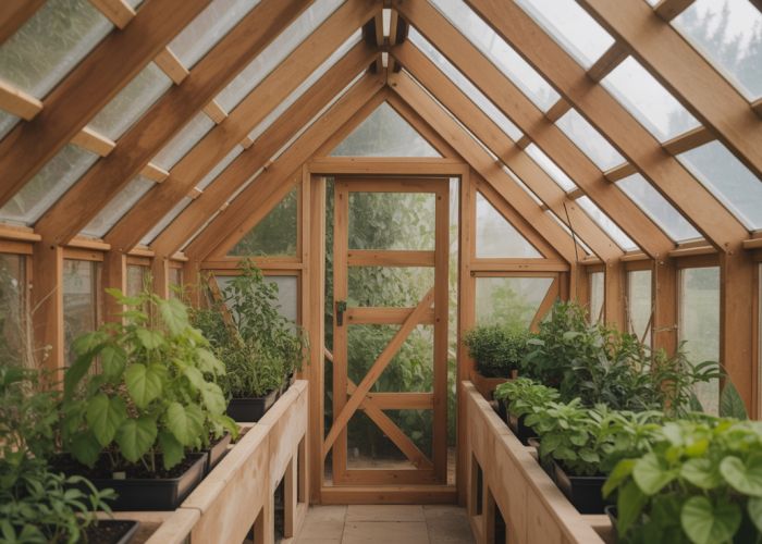 Wooden greenhouse filled with lush plants, showcasing sustainable gardening