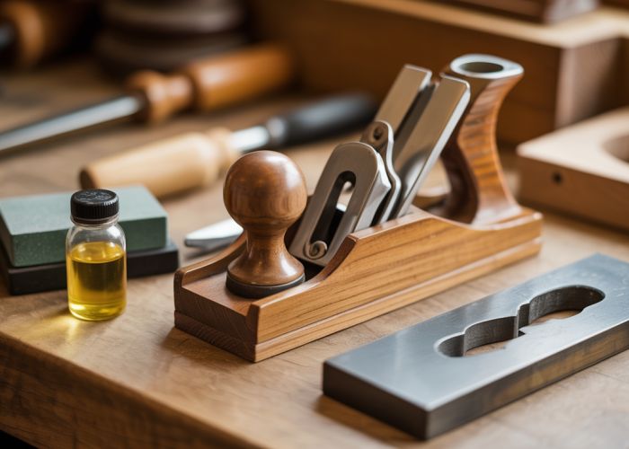 Woodworking bench with hand plane, sharpening stones, honing guide, and honing oil - essentials for hand planing.