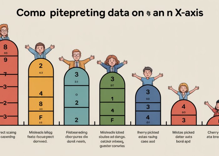 Infographic showing common mistakes in interpreting x-axis charts, including incorrect scaling, misleading labels, and cherry-picked data ranges.