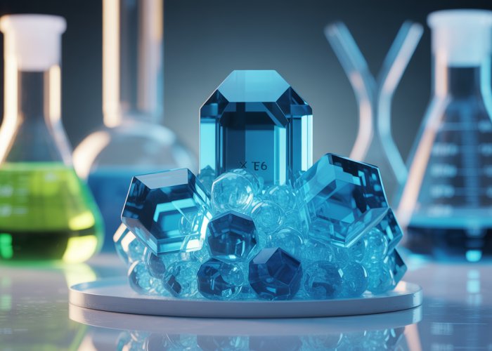Crystalline Xenon Hexafluoride (XeF6) in laboratory setting, highlighting its unique geometry and refractive properties.