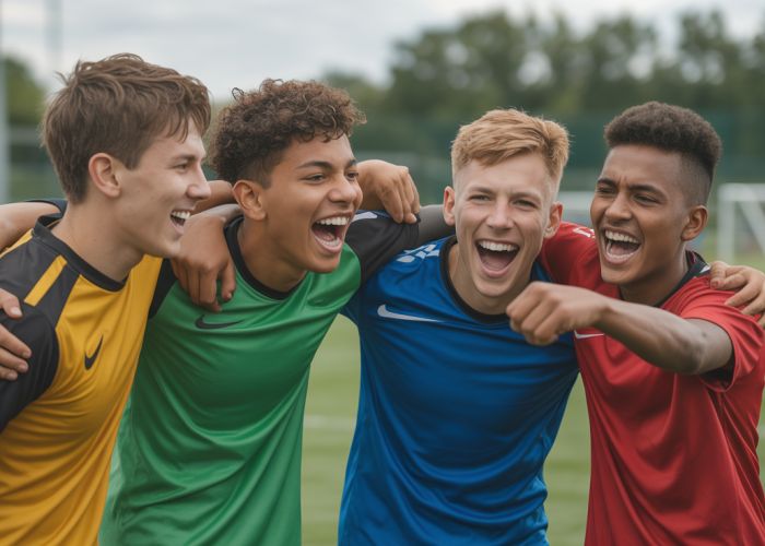 Young soccer team celebrating their win after a long soccer game, showing joy and exhaustion.