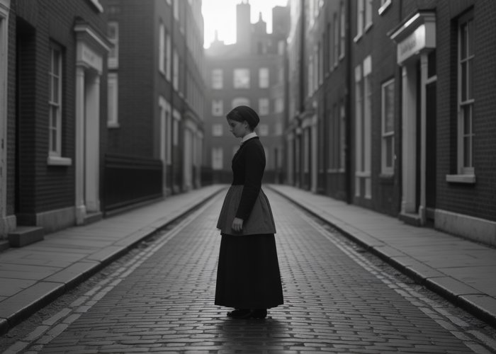 Woman standing on a dimly lit street in 19th century London, symbolizing the plight of women engaged in prostitution.