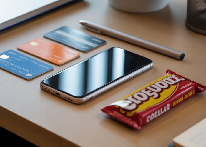 Comparison of everyday objects next to a 5-inch smartphone to illustrate its size.
