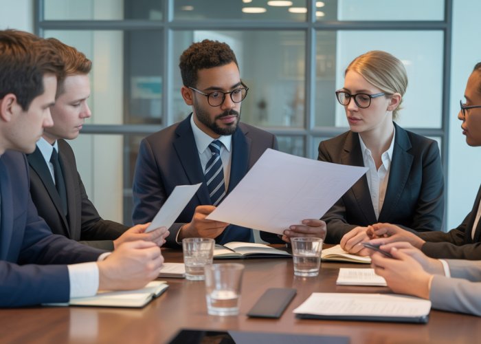 Lawyers collaboratively reviewing ABA ethics guidelines during a meeting.
