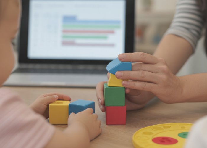 Therapist using ABA measurement methods during therapy session with child.