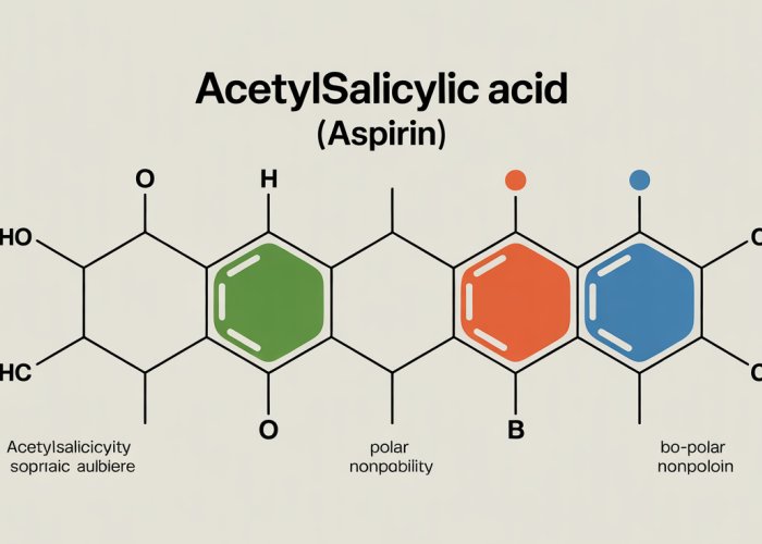 Infographic explaining the polarity of acetylsalicylic acid (aspirin) and its impact on solubility.