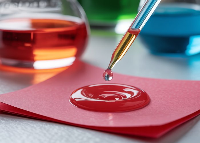 Red litmus paper reacting to acidic solution, changing from blue to red.