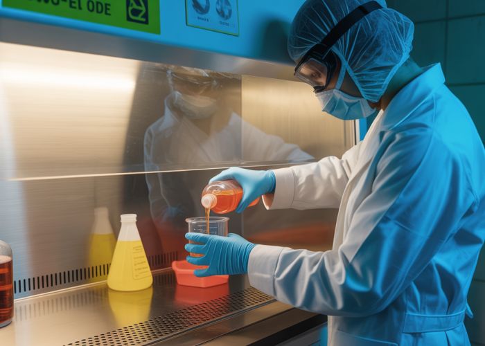 Person carefully pouring acid in a fume hood while wearing full PPE, demonstrating acid safety precautions.