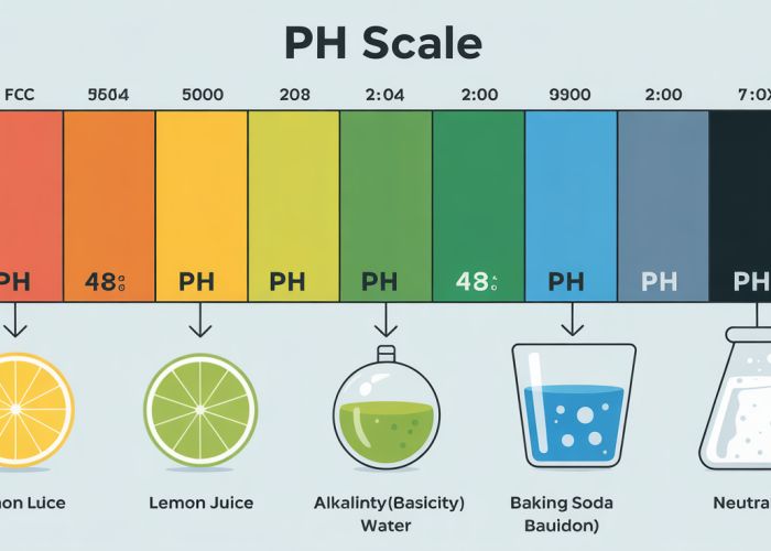 pH scale infographic showing the range from acidic to alkaline, with examples of common substances and their pH levels.