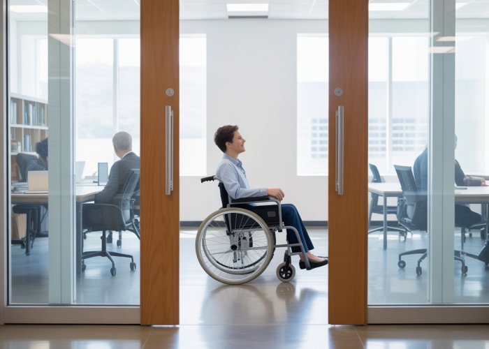 Wide ADA compliant doorway with lever handles in a modern office, ensuring wheelchair accessibility.