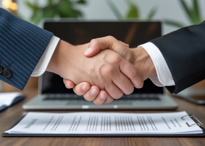 Close-up of two hands shaking firmly over a contract, representing an agreement to assign.