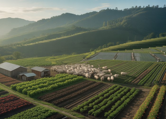 A collage showcasing the diverse types of agriculture around the world, from large-scale industrial farms to small family farms and innovative vertical farming setups.