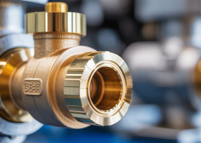 Close-up of a new brass air compressor check valve.