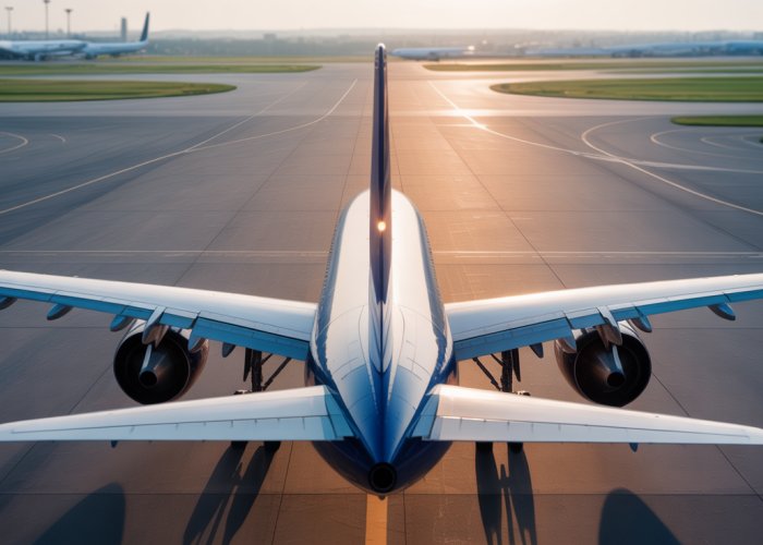 Commercial airliner parked on tarmac, illustrating aircraft static margin principles.