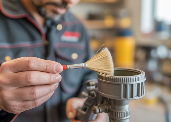 Close-up of airless paint sprayer nozzle being cleaned with a brush.