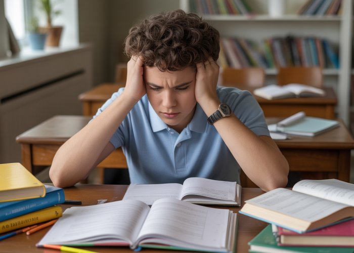 Stressed student taking a practice algebra EOC test.