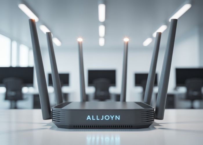Futuristic router showcasing the AllJoyn service, symbolizing seamless connectivity in a modern office.