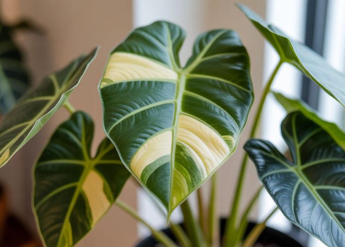 Close-up of Alocasia Hilo Beauty leaves showing striking green and yellow variegation.