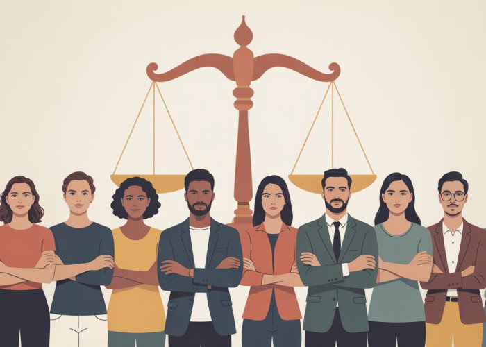 Diverse group standing together representing alternative liability and collective justice.