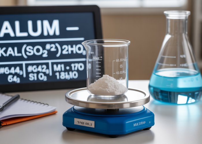 Laboratory setup showing alum crystals, a chemical formula, and a balance used to calculate molecular weight.