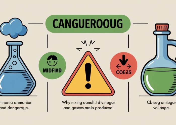 Infographic showing the danger of mixing ammonia and vinegar, including the toxic gases produced: chloramine and chlorine.