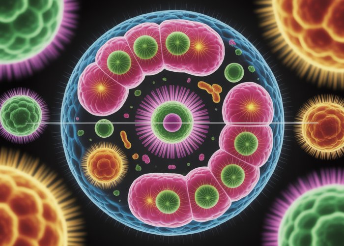 Illustration of amoeba mitosis stages: prophase, metaphase, anaphase, telophase. Shows the amoeba's cell division process.