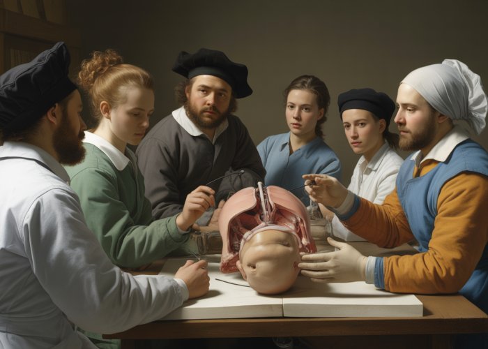 Modern reimagining of Rembrandt's "The Anatomy Lesson" with digital anatomy projection and diverse medical students.