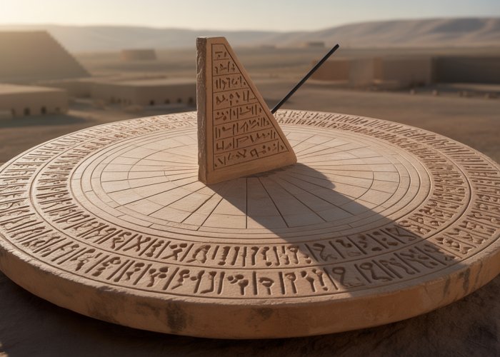 Ancient Mesopotamian clay sundial showing the time of day, with cuneiform inscriptions.