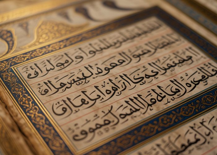 Close-up of ancient Quran manuscript page with intricate Arabic calligraphy and gold leaf.