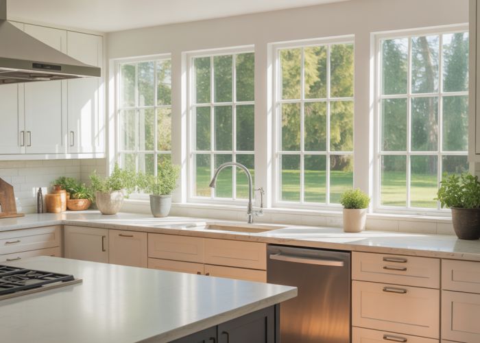 Modern kitchen with Anderson windows from Lowe's overlooking a green backyard.