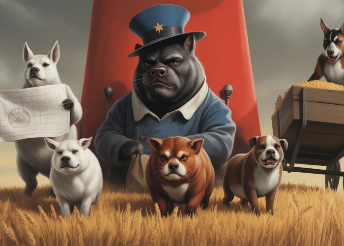 Symbolic representation of Animal Farm characters: Snowball, Napoleon, Squealer, and Boxer, highlighting the novel's themes of power, betrayal, and exploitation.