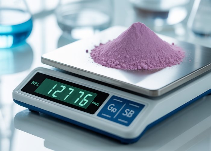 Digital scale reading 121.76 g/mol, representing the molar mass of antimony (Sb), with powdered antimony nearby.