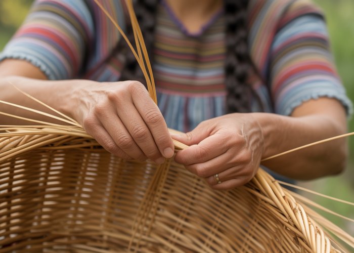 Appalachian Native American woman weaving a traditional basket, showcasing her cultural heritage.