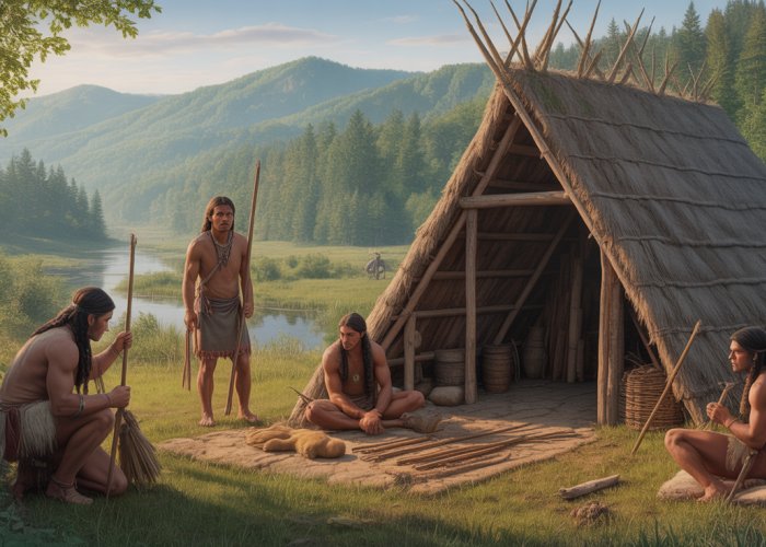 Appalachian Native American tribe scene depicting daily life before European contact, showcasing traditional dwellings, clothing, and tools amidst a mountainous, forested landscape.