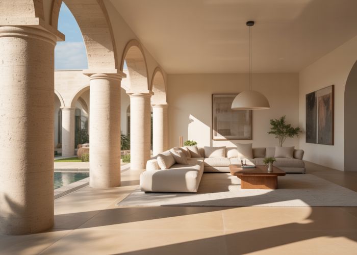 Modern living room interior with striking architectural columns and contemporary furniture.