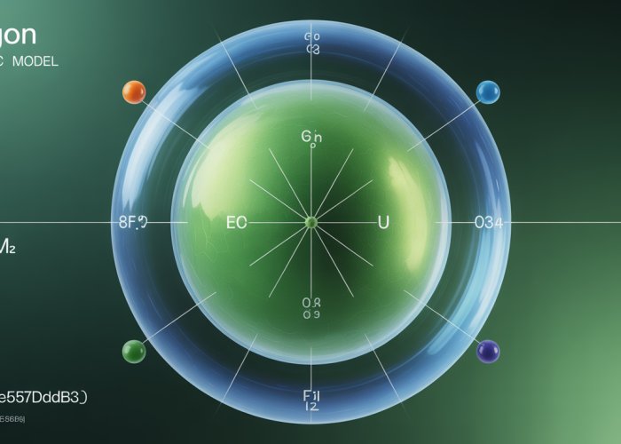 Argon atom model showing a nucleus surrounded by three electron shells, with 2, 8, and 8 electrons respectively, illustrating its stable octet.